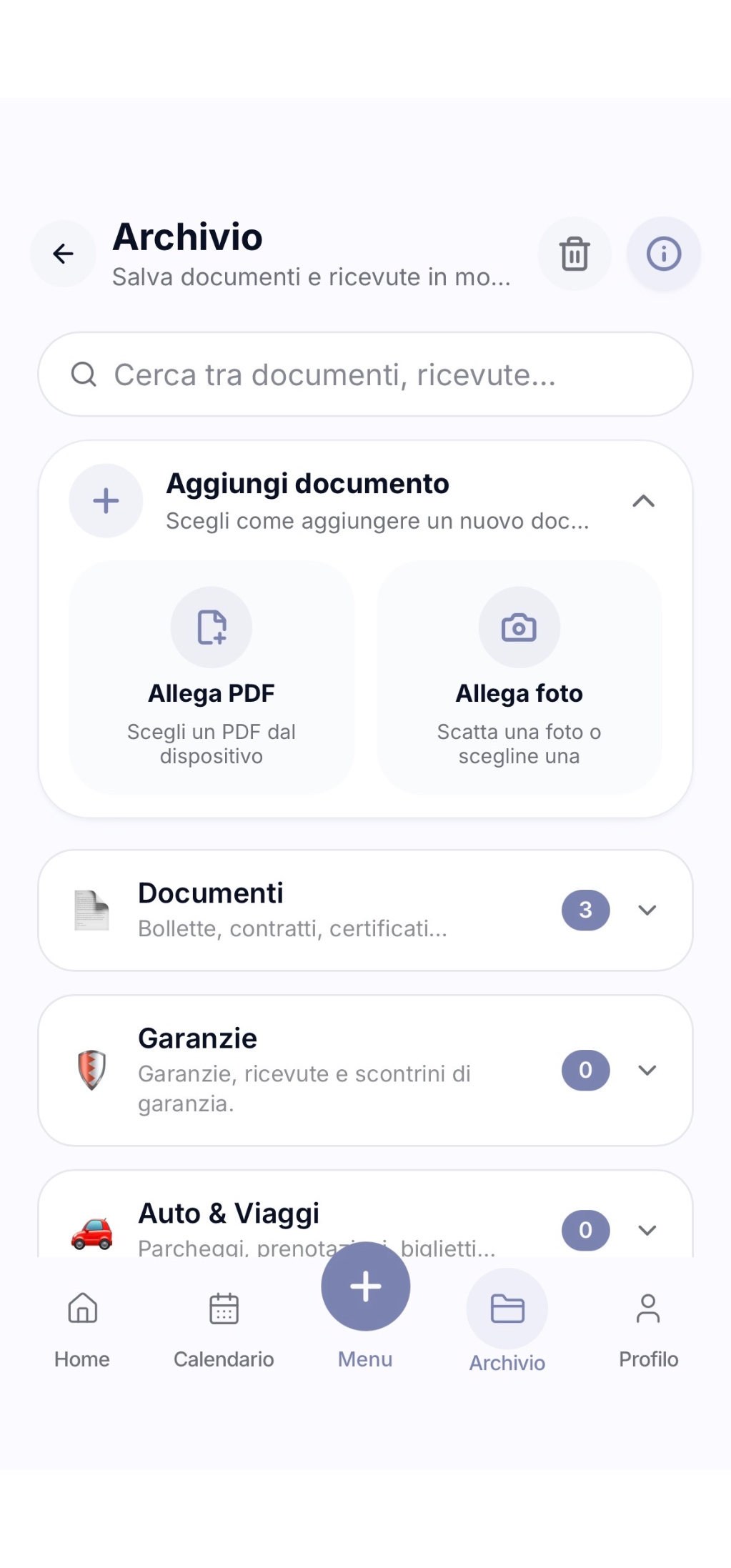 Archivio documenti di MiRicordi con documenti, garanzie, ricevute e scadenze organizzati per categoria