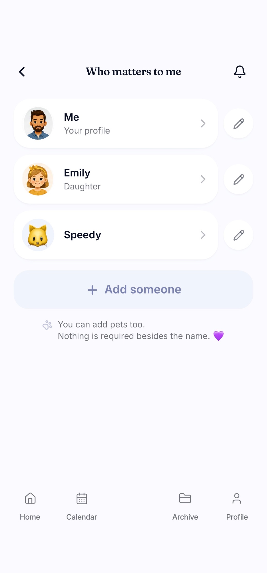 MiRicordi 'Who matters to me' screen in English with family members and a pet