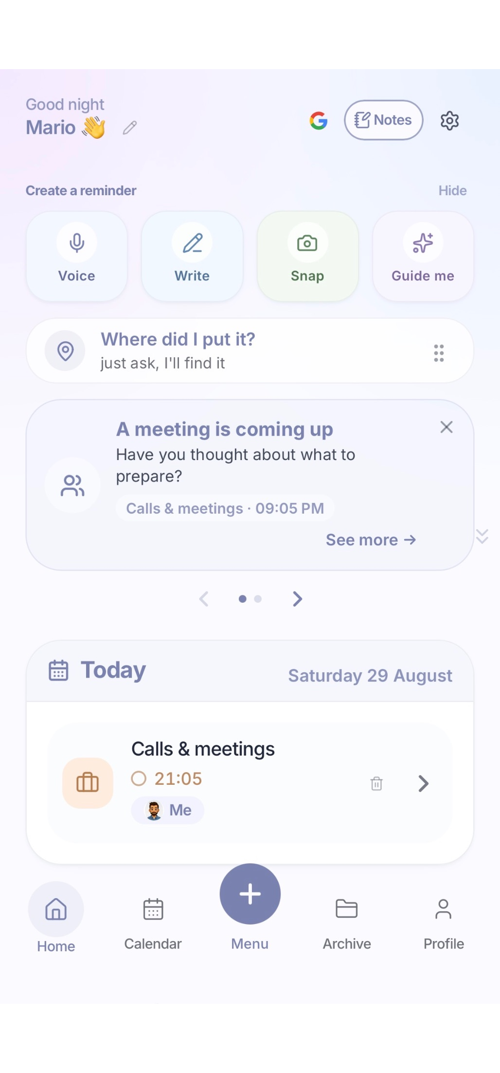 MiRicordi home in English showing an upcoming work meeting reminder