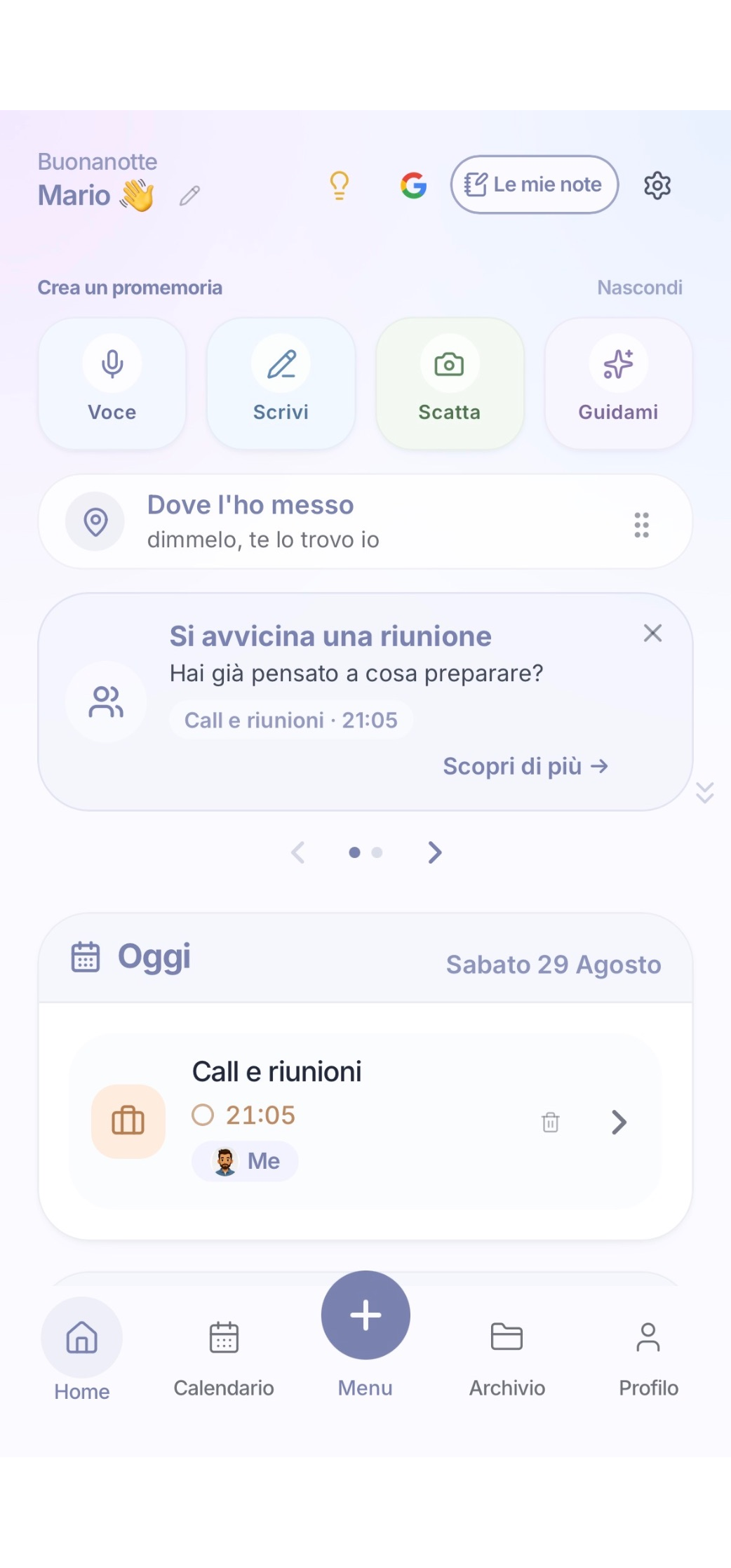 Schermata di MiRicordi con il promemoria di una riunione di lavoro nella giornata di oggi