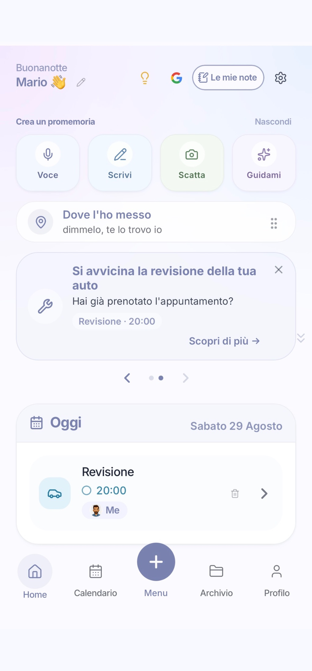 Schermata Auto di MiRicordi con revisione, assicurazione RC Auto, bollo, tagliando e cambio gomme