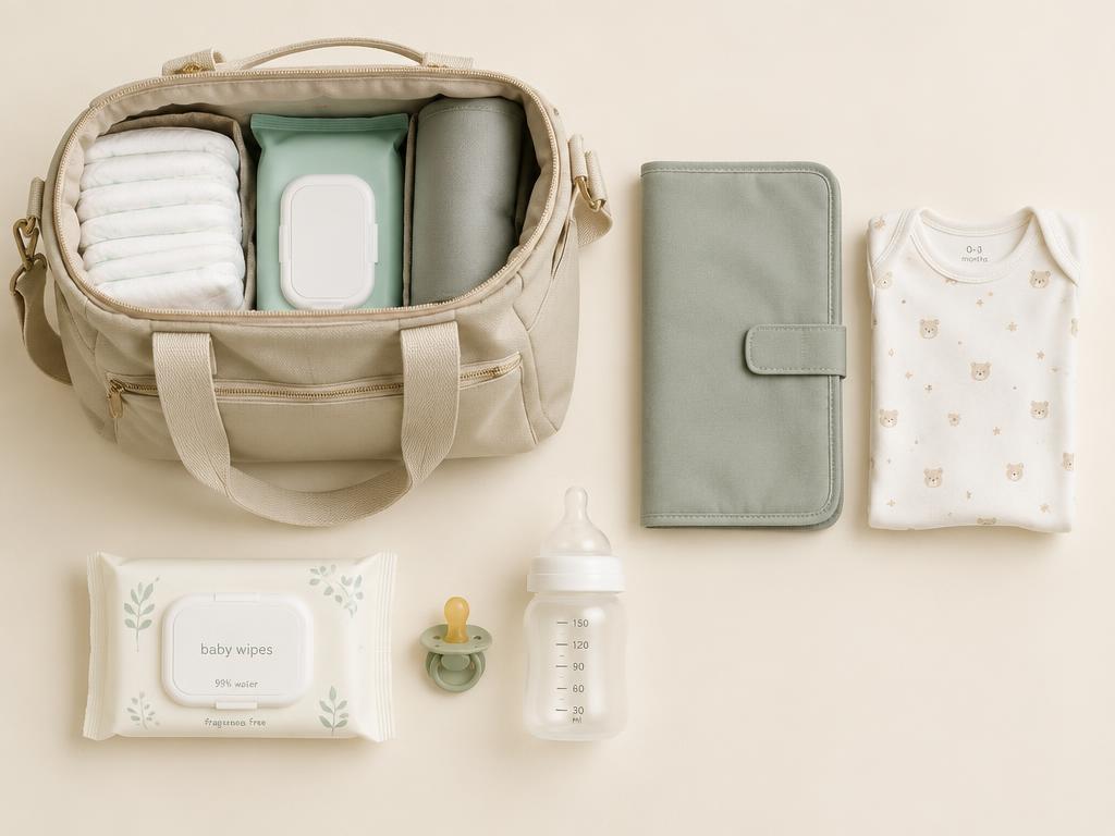 Borsa cambio neonato con pannolini, salviette, fasciatoio, body e biberon