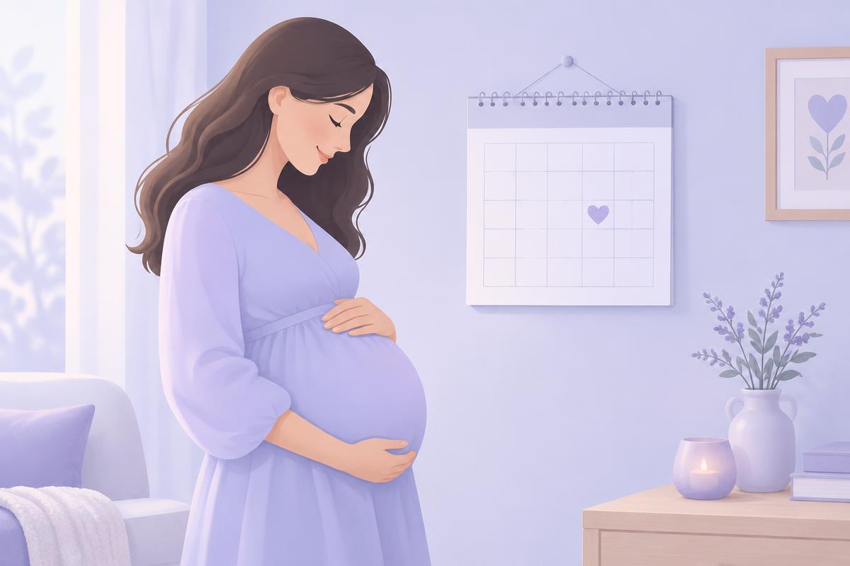 Una futura mamma accanto a un calendario con la data del parto segnata