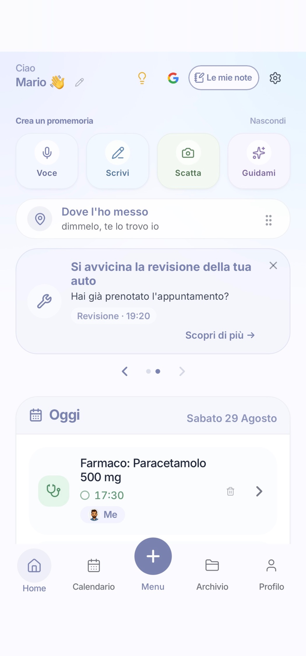 Schermata principale di MiRicordi con i promemoria ricorrenti per le faccende domestiche e le pulizie di casa