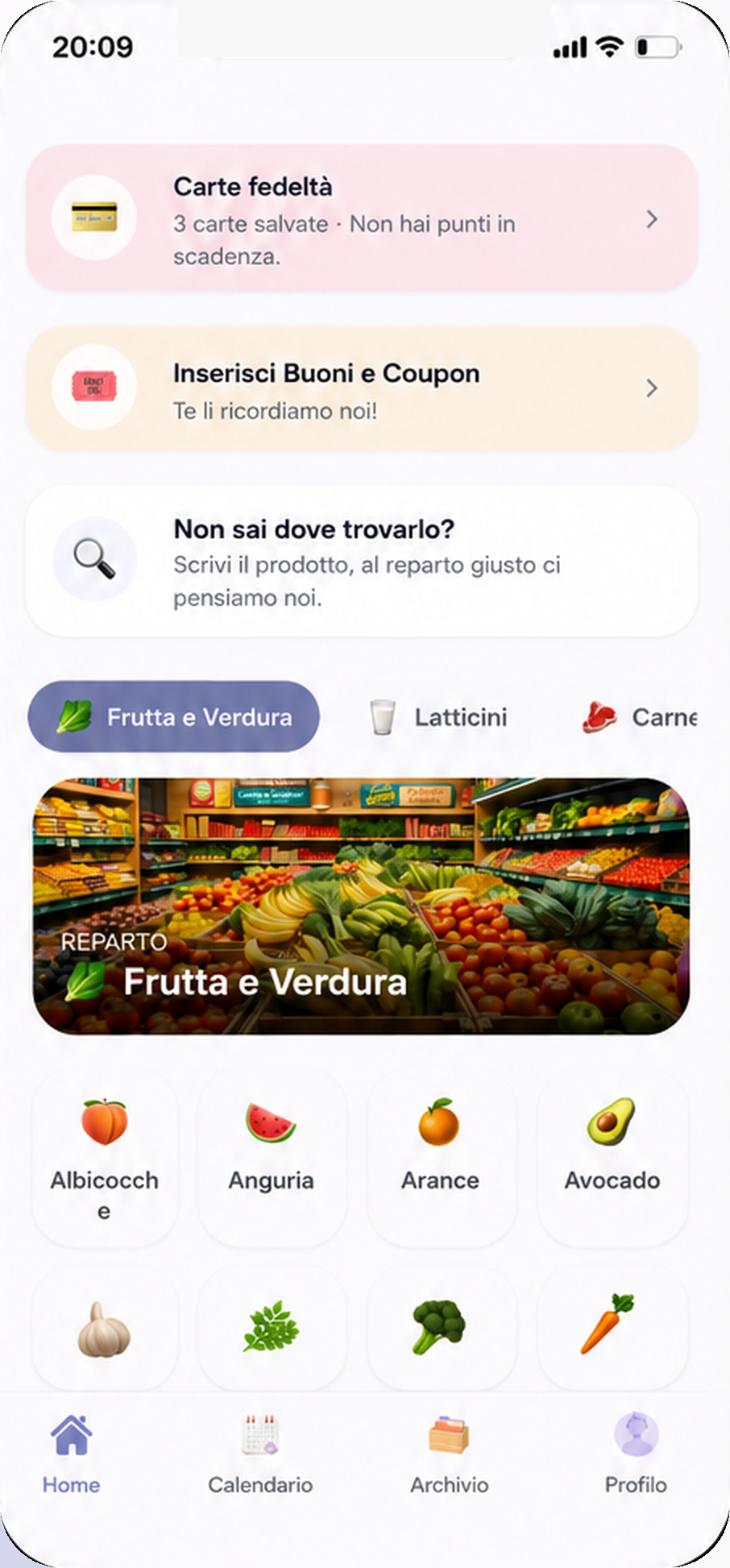 Schermata di MiRicordi con le carte fedeltà, i buoni e i coupon salvati nel telefono