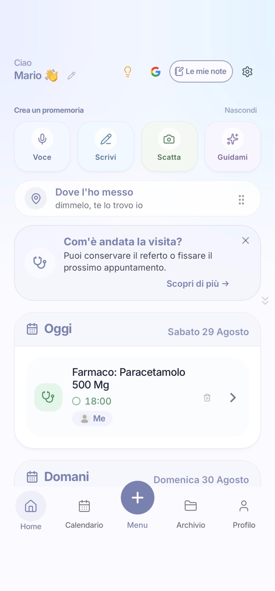 Sezione Salute di MiRicordi con promemoria per farmaci e visite