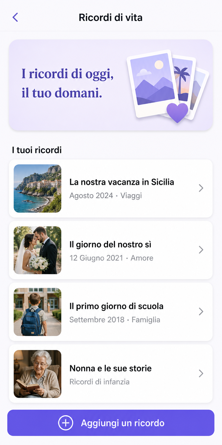 Sezione Ricordi di vita di MiRicordi con foto, racconti e momenti speciali