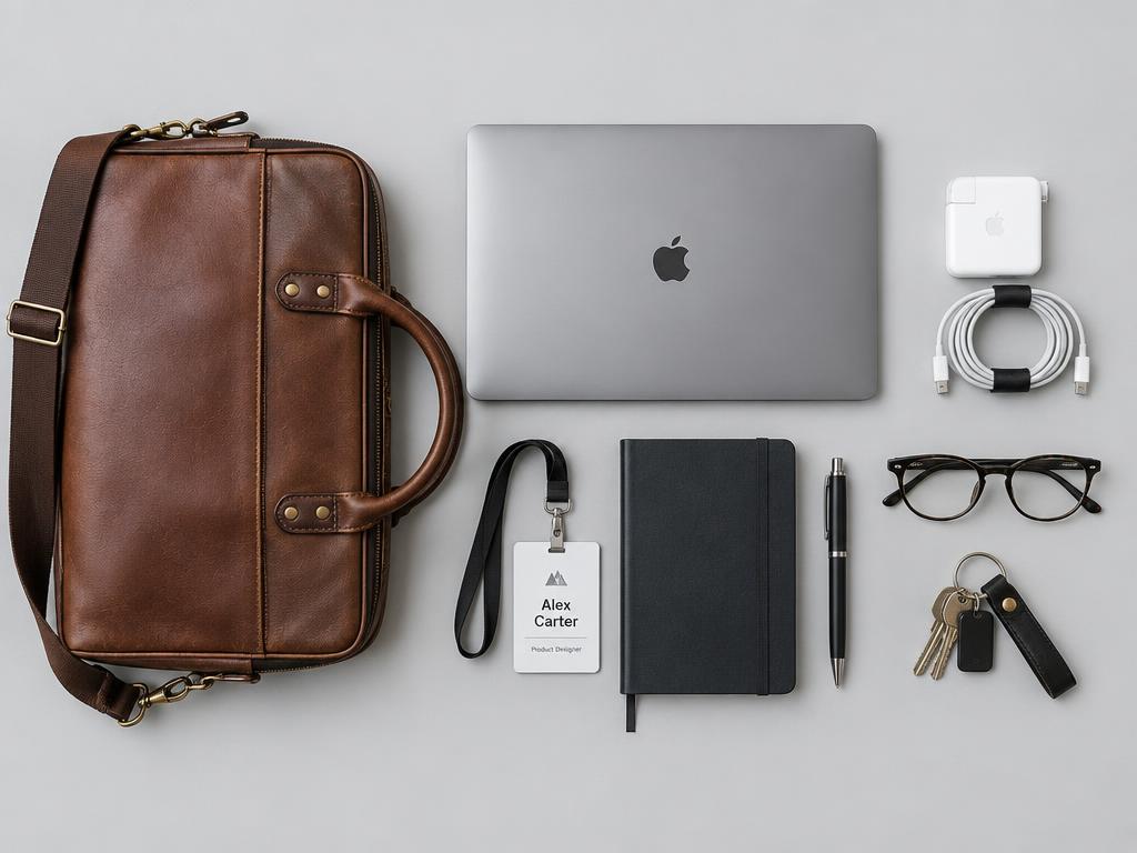 Borsa da lavoro con portatile, caricatore, badge, agenda, penna, occhiali e chiavi