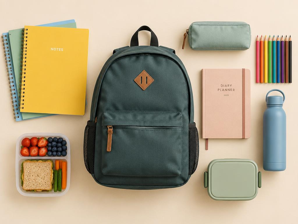 Zaino scuola con quaderni, astuccio, diario, borraccia e merenda